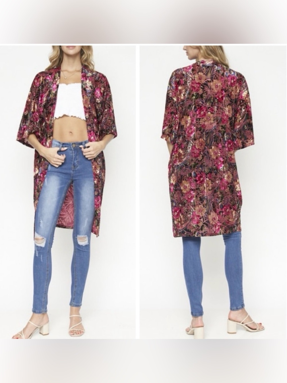 Sans Souci Pink Floral Velvet Feel Kimono Cardigan Size Small Boho Whimsigoth - Picture 3 of 9
